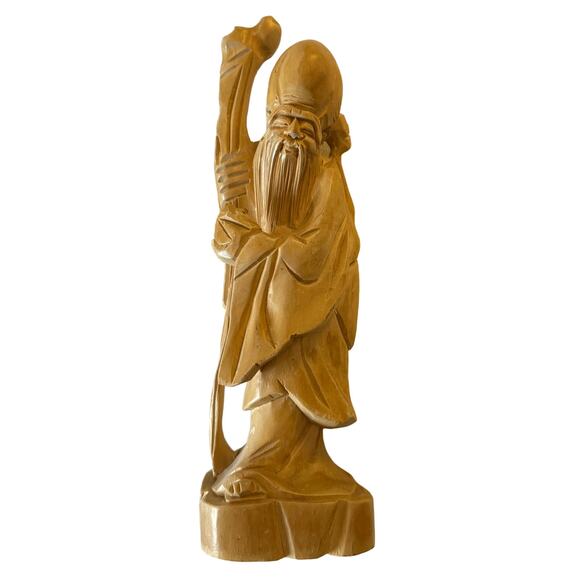 12" Wooden Vintage Asian Statue of ShouXing the Taoist Buddhist God of Longevity - Picture 1 of 14